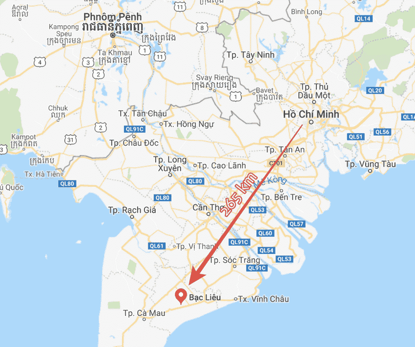 Carte Saigon Bac Lieu itineraire
